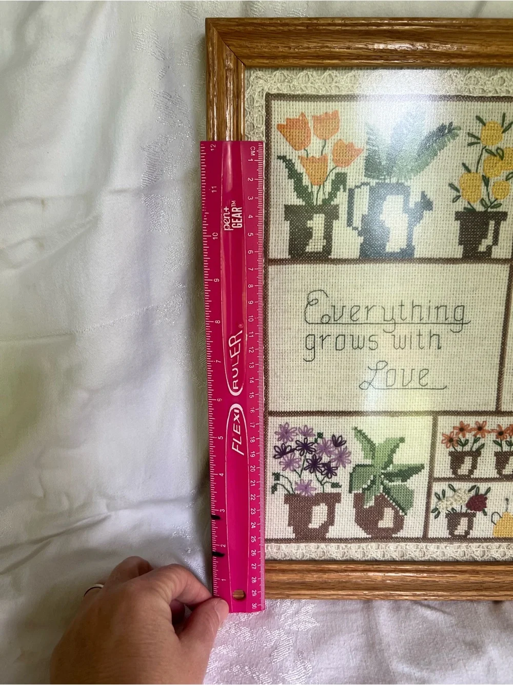 Framed Floral Cross-Stitch Wall Art - Brown Frame, Multicolor